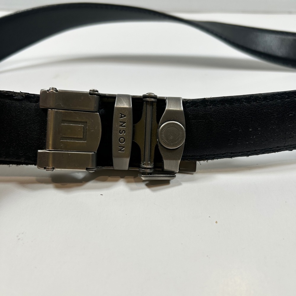 Anson Belt Mens Black Leather Ratchet Holeless Adjustable Gunmetal Buckle